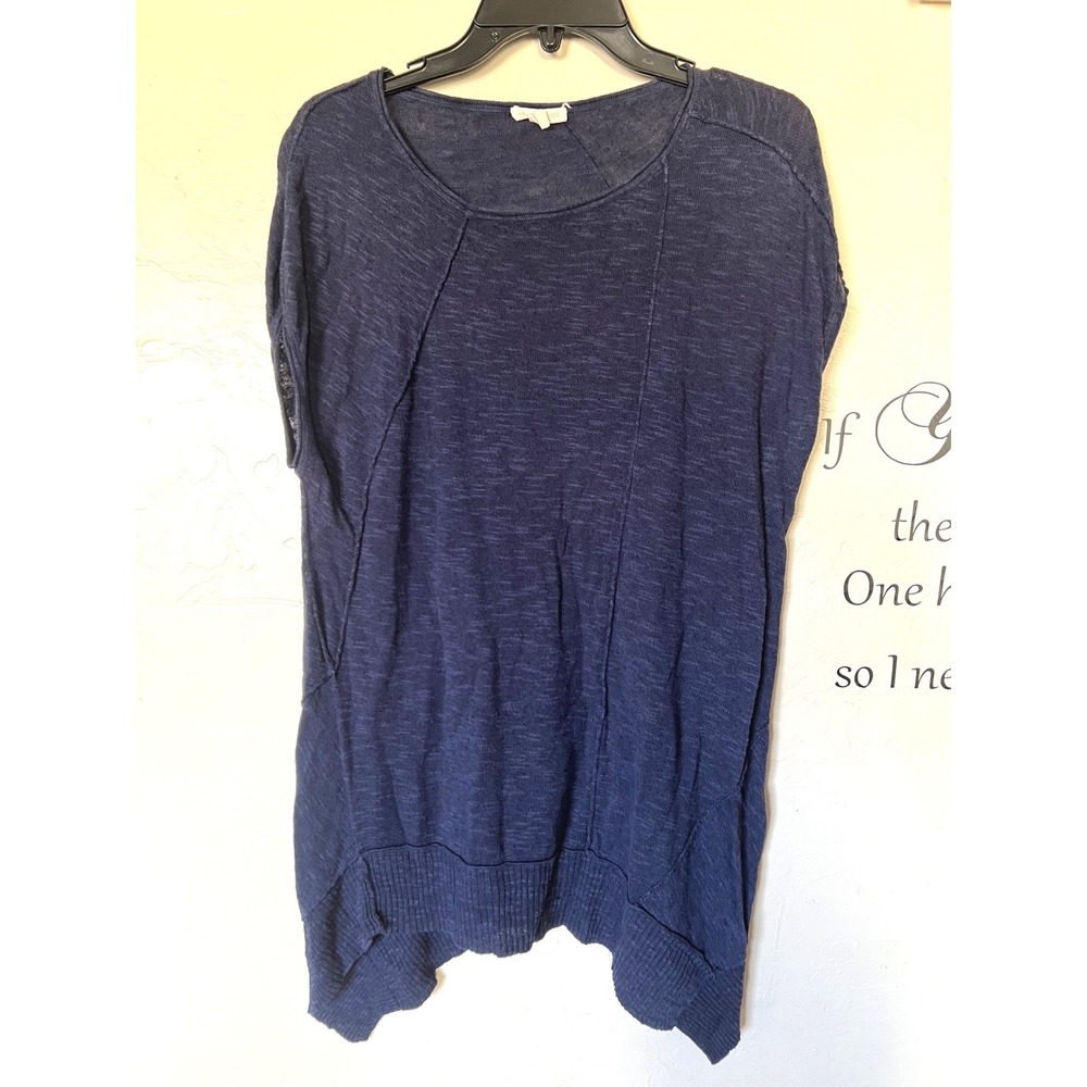 Eileen Fisher Navy Blue Organic Linen Cotton Slub Knit Tunic Top Womens Medium